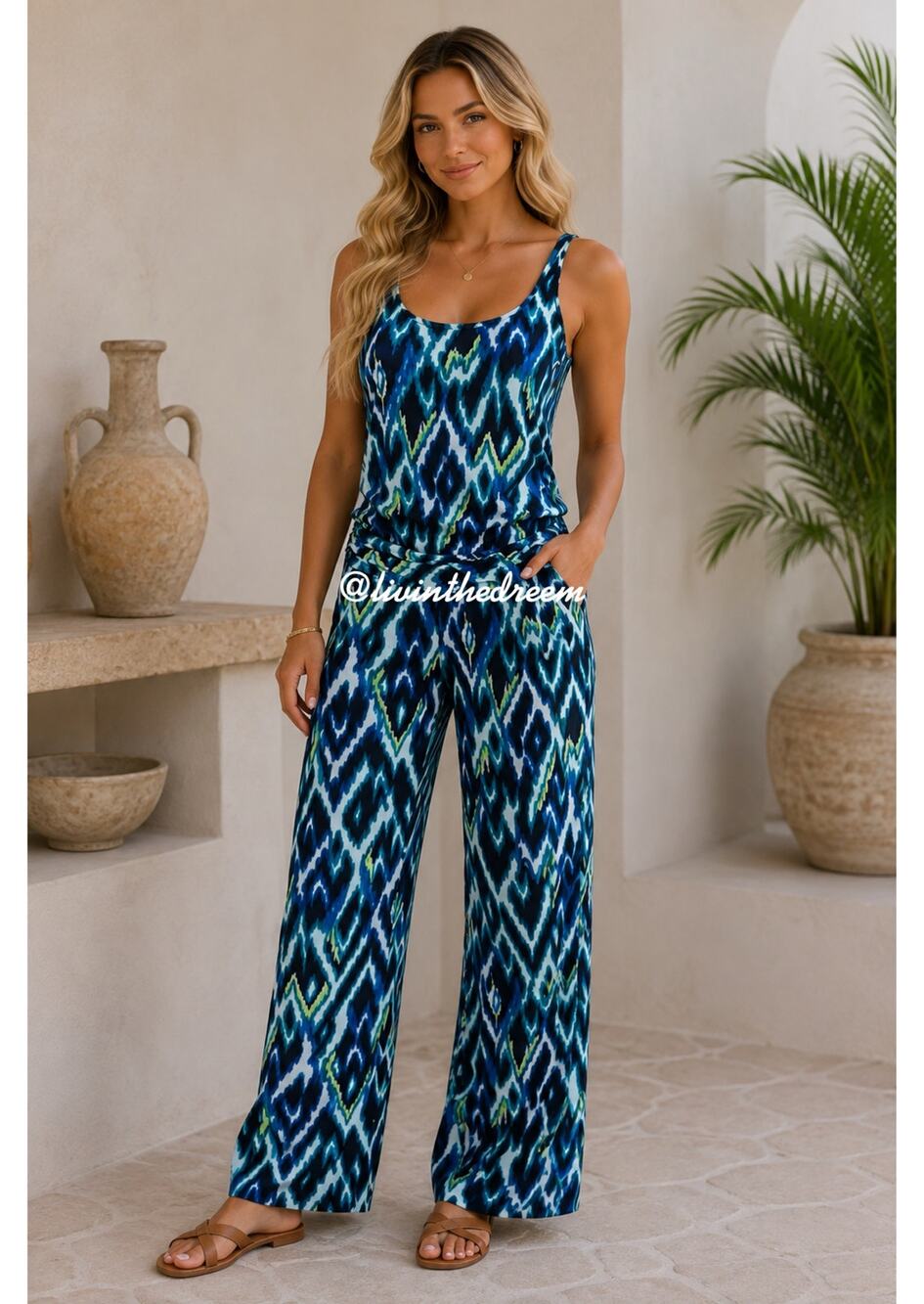 Tart Collections Blue & Green Argyle Print Super Soft Wrap Tank Jumpsuit SZ M